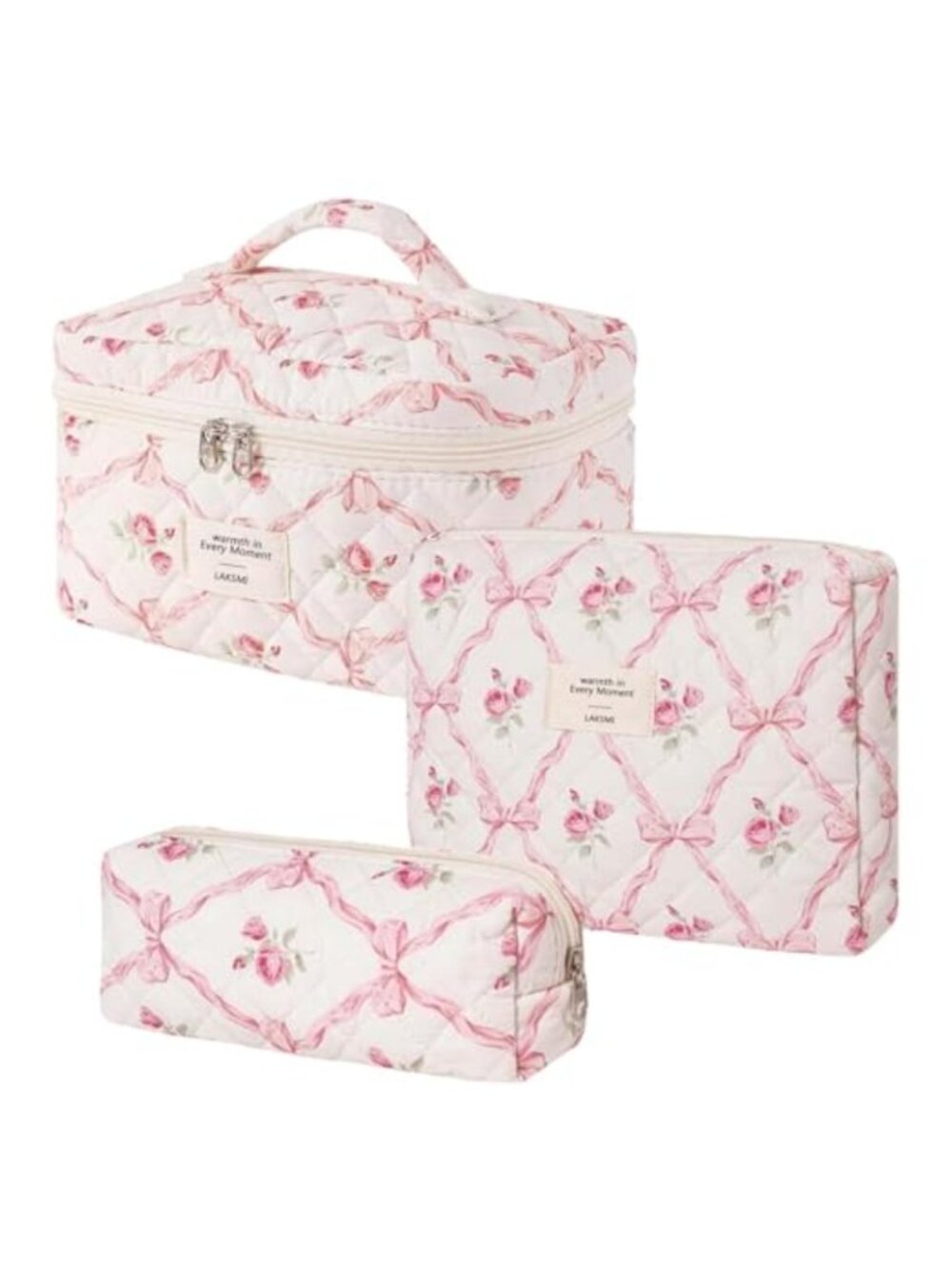 3pc Quilted Cotton Floral Makeup Bag Set Large Toiletry Pouch Travel